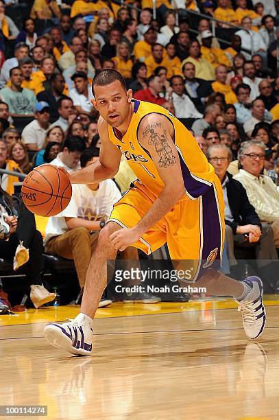 Jordan Farmar of the Los Angeles Lakers drives against the Phoenix Suns in Game One of the Western Conference Finals during the 2010 NBA Playoffs on...