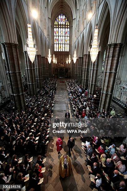 The Collegiate procession at the start of the service attended by Britain's Queen Elizabeth II and the Duke of Edinburgh, on the 450th anniversary of...