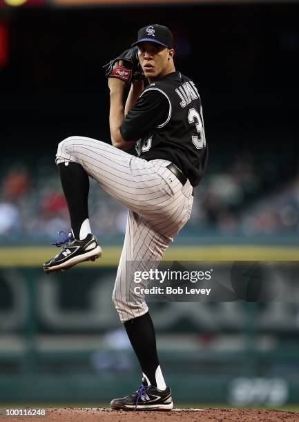 Pitcher Ubaldo Jimenez of the Colorado Rockies throws against the Houston Astros at Minute Maid Park on May 20, 2010 in Houston, Texas.