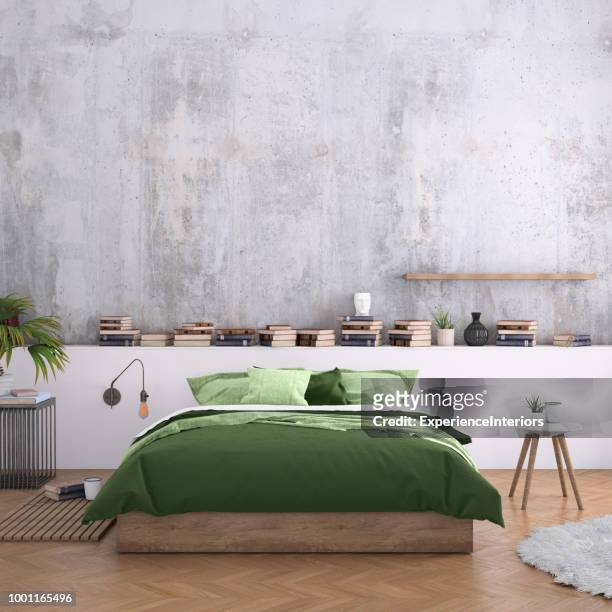 grote slaapkamer interieur met lege muur - bedroom wall stockfoto's en -beelden
