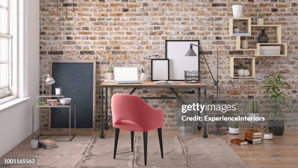 modern interior with office desk background template - desktop picture stock pictures, royalty-free photos & images