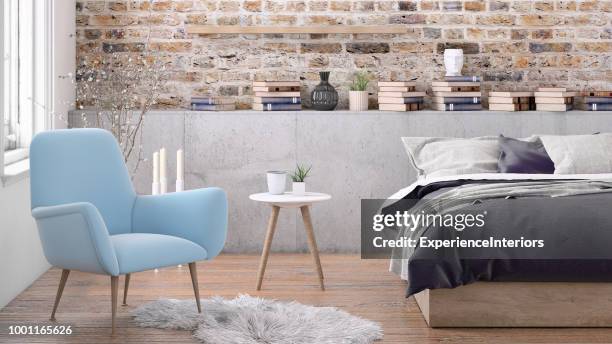 intérieur de la chambre à coucher - scandinavie photos et images de collection