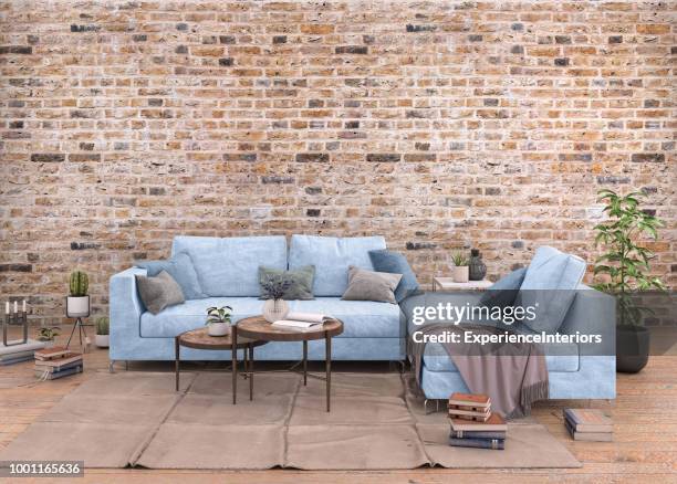 authentische haus wohnung interieur mit leere wand - table brick wall wood stock-fotos und bilder