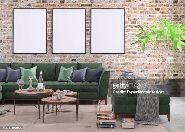 blank poster frame on the living room wall - big living room imagens e fotografias de stock