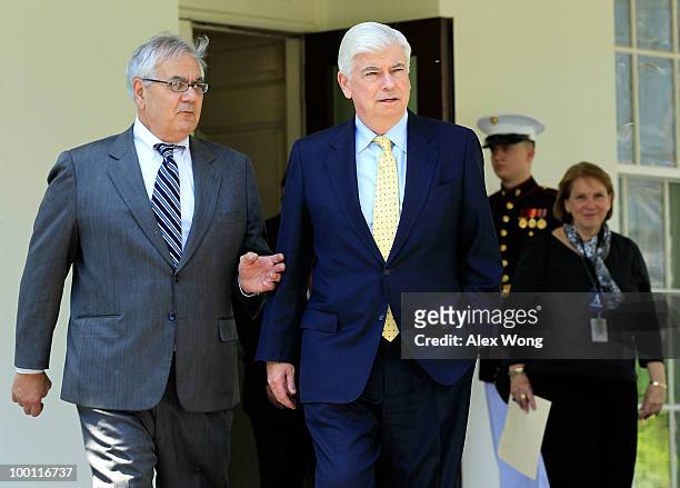Sen. Christopher Dodd and Rep. Barney Frank walk toward the podium prior to speaking to the media after a meeting with President Barack Obama at the...