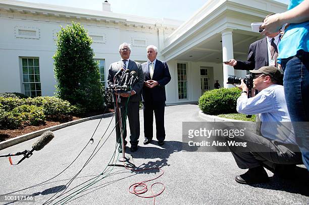 Sen. Christopher Dodd and Rep. Barney Frank speak to the media after a meeting with President Barack Obama at the White House May 21, 2010 in...