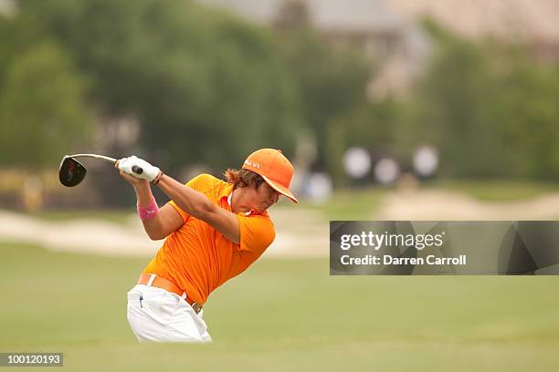 Rickie Fowler plays a tee shot during the second round of the HP Byron Nelson Championship at TPC Four Seasons Resort Las Colinas on May 21, 2010 in...