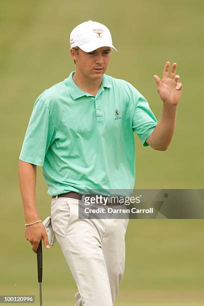 Jordan Spieth waves to the crowd during the second round of the HP Byron Nelson Championship at TPC Four Seasons Resort Las Colinas on May 21, 2010...