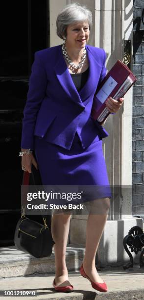 Prime Minister Theresa May leaves Downing Street on July 18, 2018 in London, England. The Prime Minister will address Conservative MPs today while...