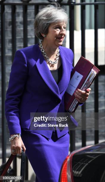 Prime Minister Theresa May leaves Downing Street on July 18, 2018 in London, England. The Prime Minister will address Conservative MPs today while...