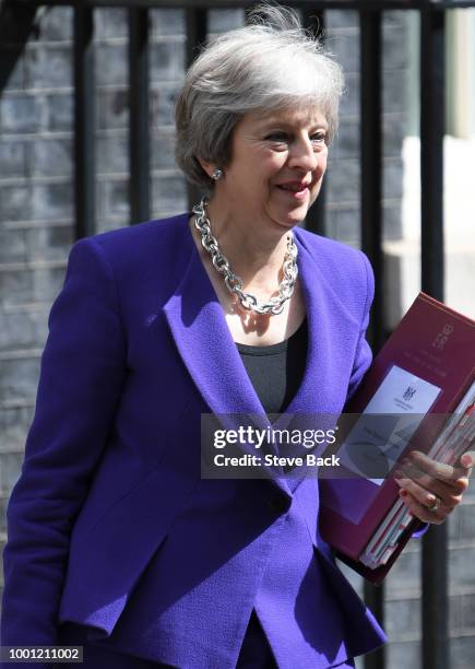 Prime Minister Theresa May leaves Downing Street on July 18, 2018 in London, England. The Prime Minister will address Conservative MPs today while...