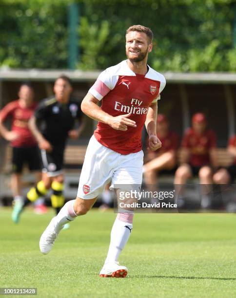 Shkodran Mustafi of Arsenal during the match between Arsenal XI and Crawley Town XI at London Colney on July 18, 2018 in St Albans, England.