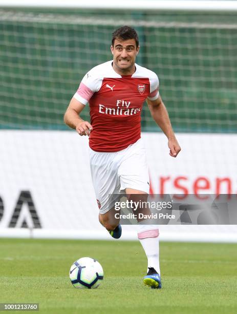 Sokratis Papastathopouplos of Arsenal during the match between Arsenal XI and Crawley Town XI at London Colney on July 18, 2018 in St Albans, England.