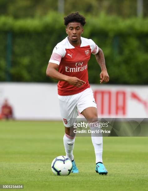 Reiss Nelson of Arsenal during the match between Arsenal XI and Crawley Town XI at London Colney on July 18, 2018 in St Albans, England.