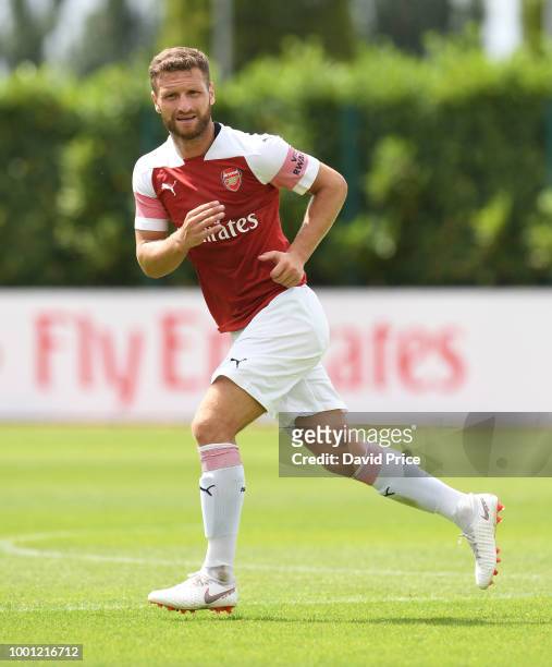 Shkodran Mustafi of Arsenal during the match between Arsenal XI and Crawley Town XI at London Colney on July 18, 2018 in St Albans, England.