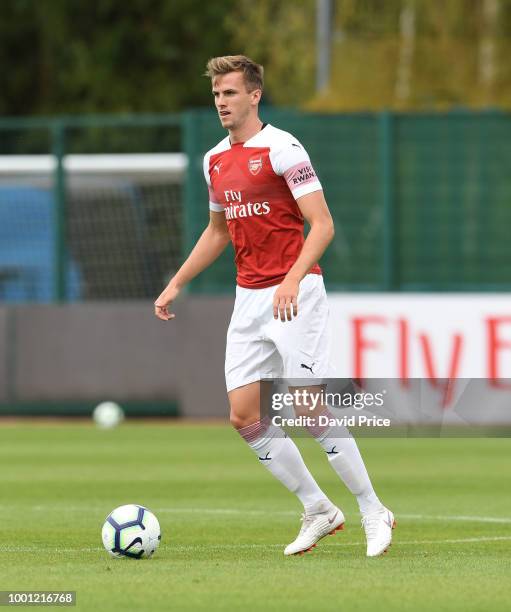 Rob Holding of Arsenal during the match between Arsenal XI and Crawley Town XI at London Colney on July 18, 2018 in St Albans, England.