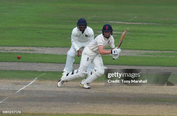 Ollie Pope of England Lions bats during Day Three of the Tour Match between England Lions and India A at New Road on July 18, 2018 in Worcester,...