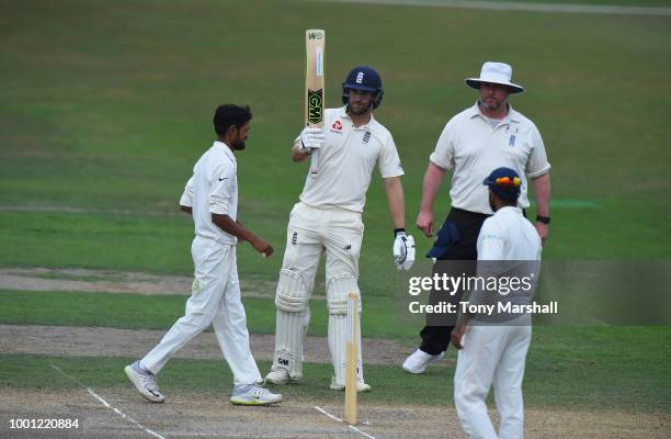 Dawid Malan of England Lions celebrates reaching his 50 during Day Three of the Tour Match between England Lions and India A at New Road on July 18,...