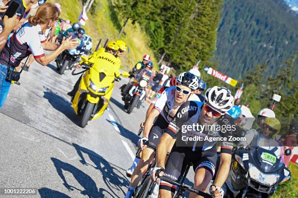 Tom Dumoulin of Team SUNWEB, Geraint Thomas of team SKY takes 1st place and win the yellow jersey during the stage 11 of the Tour de France 2018 on...
