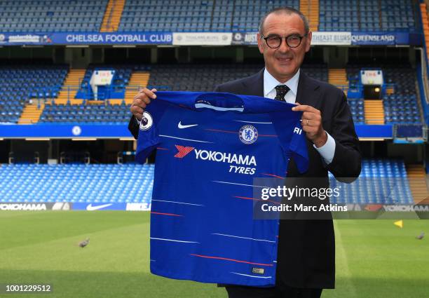 Chelsea Unveil New Head Coach Maurizio Sarri at Stamford Bridge on July 18, 2018 in London, England.