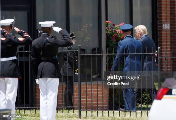 President Donald Trump arrives to pay his respects to the family of fallen United States Secret Service Special Agent Nole Edward Remagen who died...