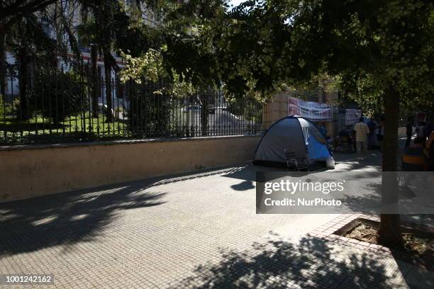 Contractors workers of the municipality of Thessaloniki, Greece, on 18 July 2018, have set up tents in front of YMAT protesting for contracts.
