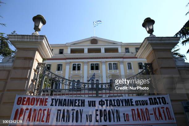 Contractors workers of the municipality of Thessaloniki, Greece, on 18 July 2018, have set up tents in front of YMAT protesting for contracts.