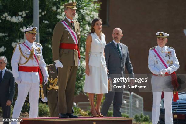 King Felipe VI of Spain and Queen Letizia of Spain attend the delivery of Royal offices of employment at the Central Academy of Defense on July 18,...