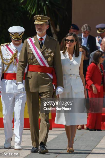 King Felipe VI of Spain and Queen Letizia of Spain attend the delivery of Royal offices of employment at the Central Academy of Defense on July 18,...