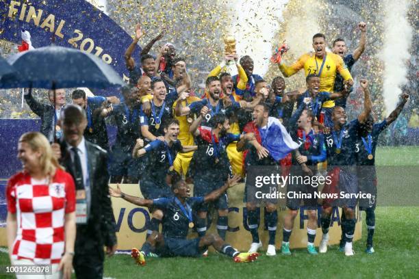 Team of France celebrates winning the World Cup following the 2018 FIFA World Cup Final between France and Croatia at Luzhniki Stadium on July 15,...