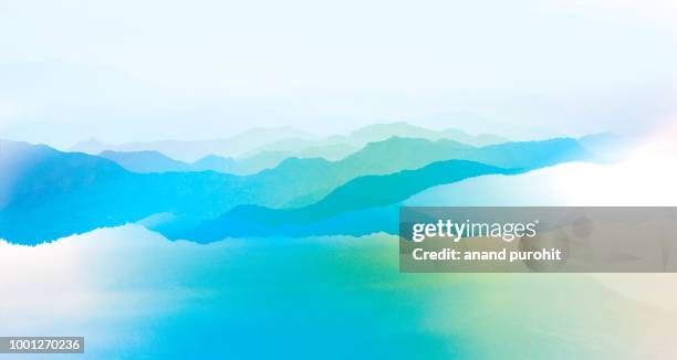 background abstract misty mountain range colourful wallpaper digital art gradiant pastel dramatic backdrop - tranquility illustration stock pictures, royalty-free photos & images