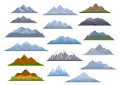 different  cartoon mountains set, isolated graphic vector illustration