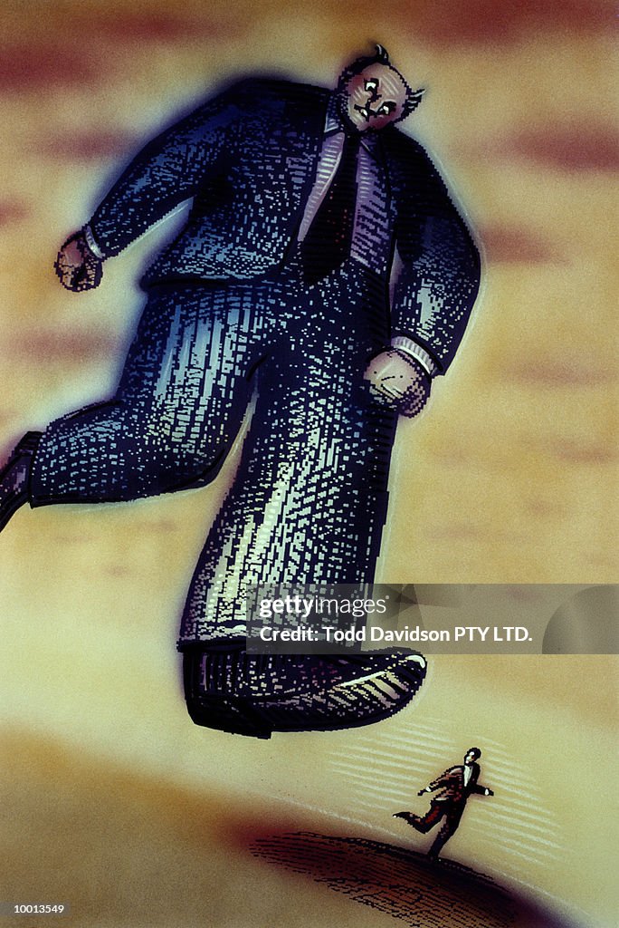 GIANT BUSINESSMAN CHASING SMALL ONE