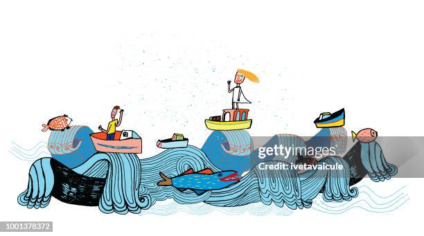 stockillustraties, clipart, cartoons en iconen met zee, vis, boten en mensen - romantiek begrippen