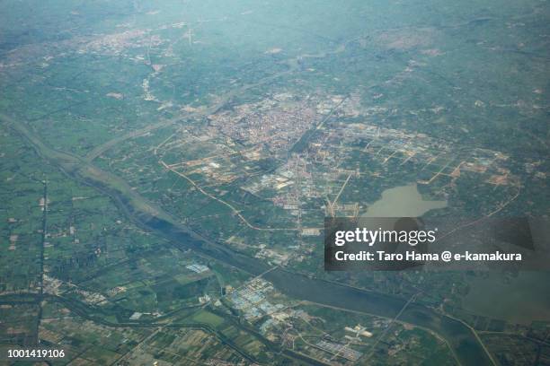 xiaogan city in hubei province in china daytime aerial view from airplane - xiaogan stock pictures, royalty-free photos & images