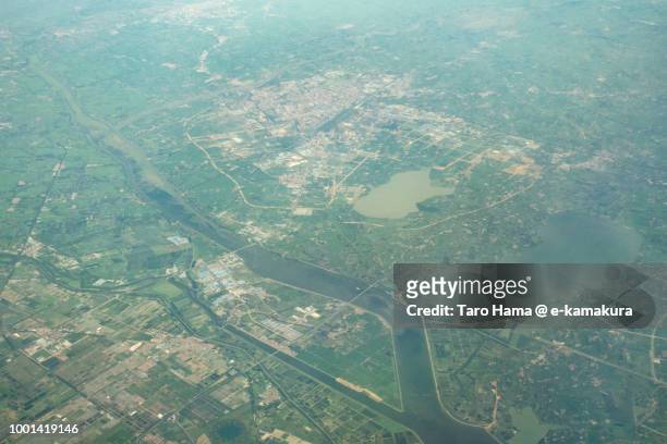 xiaogan city in hubei province in china daytime aerial view from airplane - xiaogan stock pictures, royalty-free photos & images