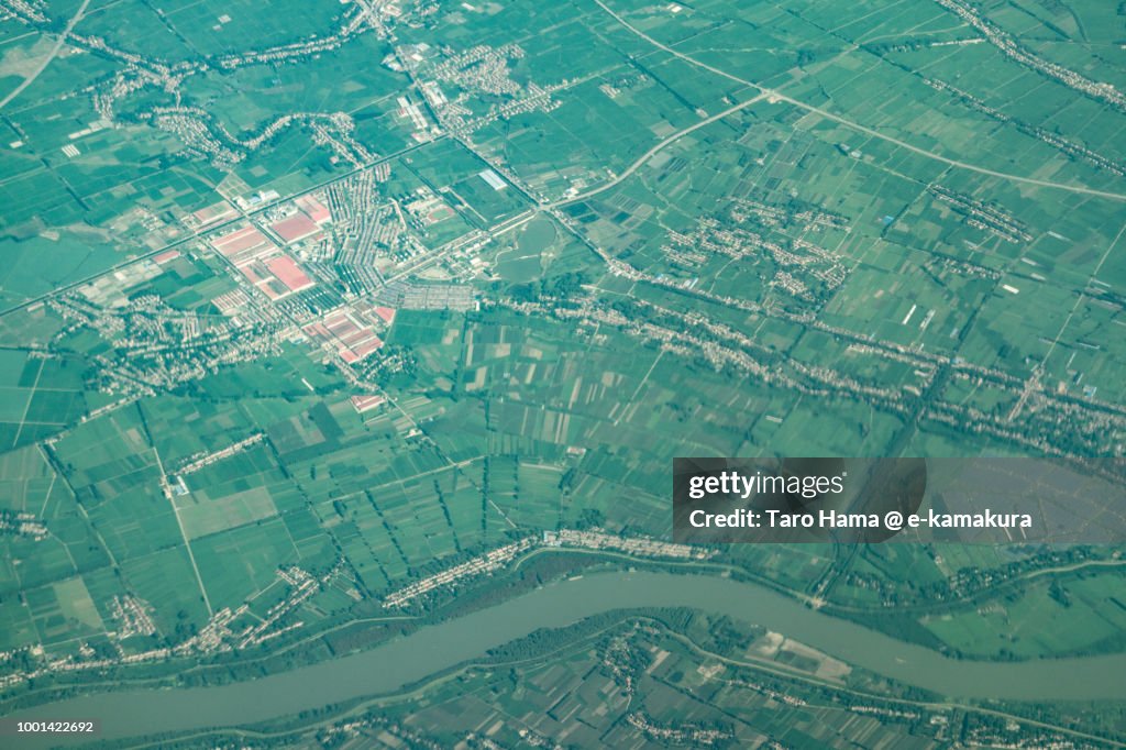 Xiaogan City in Hubei Province in China daytime aerial view from airplane