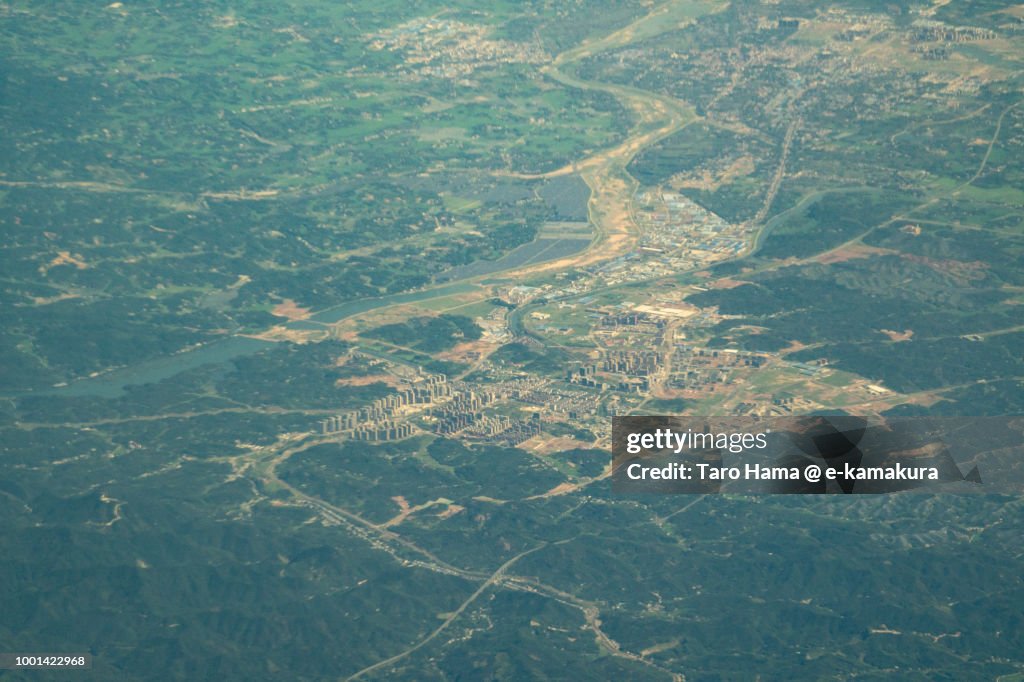 Lu'an city in Anhui province in China daytime aerial view from airplane