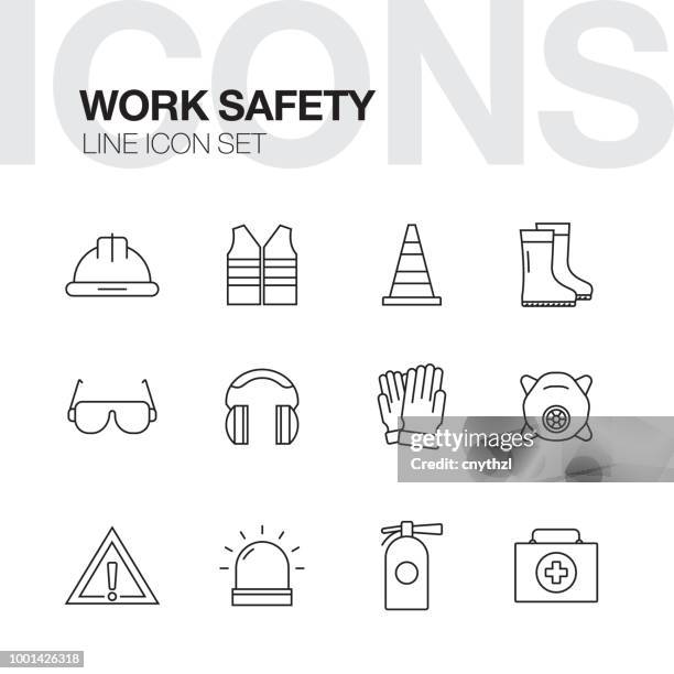 ilustrações de stock, clip art, desenhos animados e ícones de work safety concept line icons - safety kit