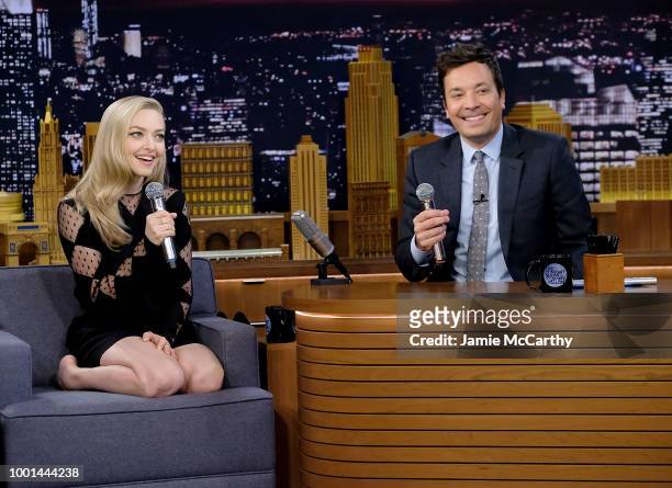 Amanda Seyfried and host Jimmy Fallon sing during the "Google Translates Songs" segment on "The Tonight Show Starring Jimmy Fallon" at Rockefeller...