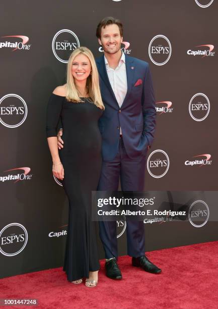 American meteorologist Indra Petersons and honoree Jake Wood attends the 2018 ESPY Awards Red Carpet Show Live! Celebrates With Moet & Chandon at...