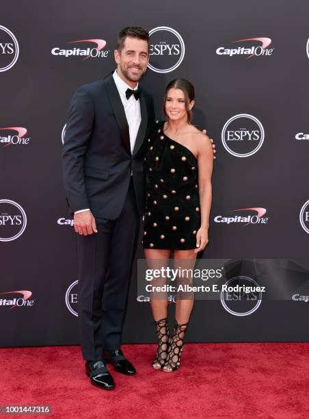 Player Aaron Rodgers and host Danica Patrick attend The 2018 ESPYS at Microsoft Theater on July 18, 2018 in Los Angeles, California.