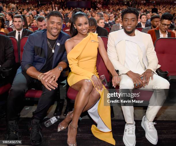 Player Russell Wilson, music artist Ciara, and actor Chadwick Boseman attend The 2018 ESPYS at Microsoft Theater on July 18, 2018 in Los Angeles,...