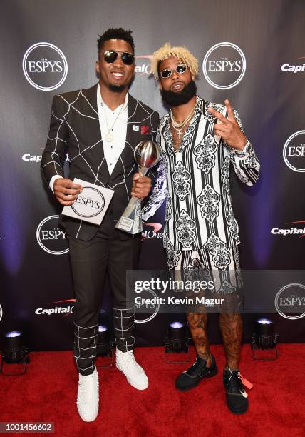 Player Donovan Mitchell poses with his Breakthrough Athlete award with NFL player Odell Beckham Jr. At The 2018 ESPYS at Microsoft Theater on July...