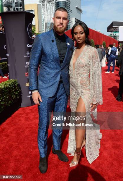 Player Travis Kelce and media personality Kayla Nicole attends the 2018 ESPY Awards Red Carpet Show Live! Celebrates With Moet & Chandon at Microsoft...