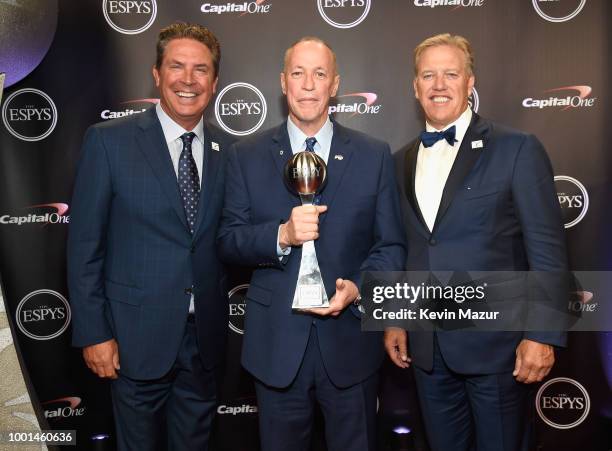 Former NFL player Dan Marino, recipient of the Jimmy V Award for Perseverance Jim Kelly and former NFL player John Elway pose during The 2018 ESPYS...