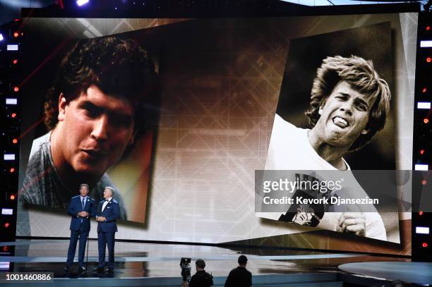 Former NFL players Dan Marino and John Elway speak onstage at The 2018 ESPYS at Microsoft Theater on July 18, 2018 in Los Angeles, California.