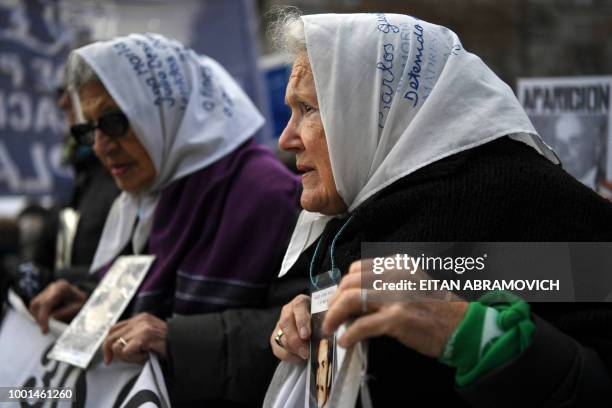 Argentinian co-founder of the "Madres de Plaza de Mayo" human rights association Nora Cortinas , wears a white -symbol of the organization- and a...