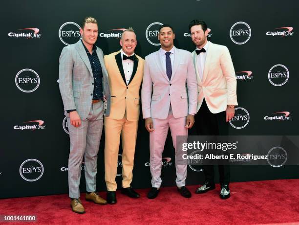 Hockey players Brayden McNabb, Nate Schmidt, Ryan Reaves and James Neal attend the 2018 ESPY Awards Red Carpet Show Live! Celebrates With Moet &...