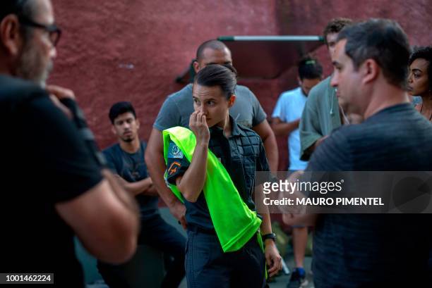 Actress Bianca Comparato , prepares to shoot a scene of a new Brazilian movie on the collapse of the Pacifying Police Units in the favelas, at...